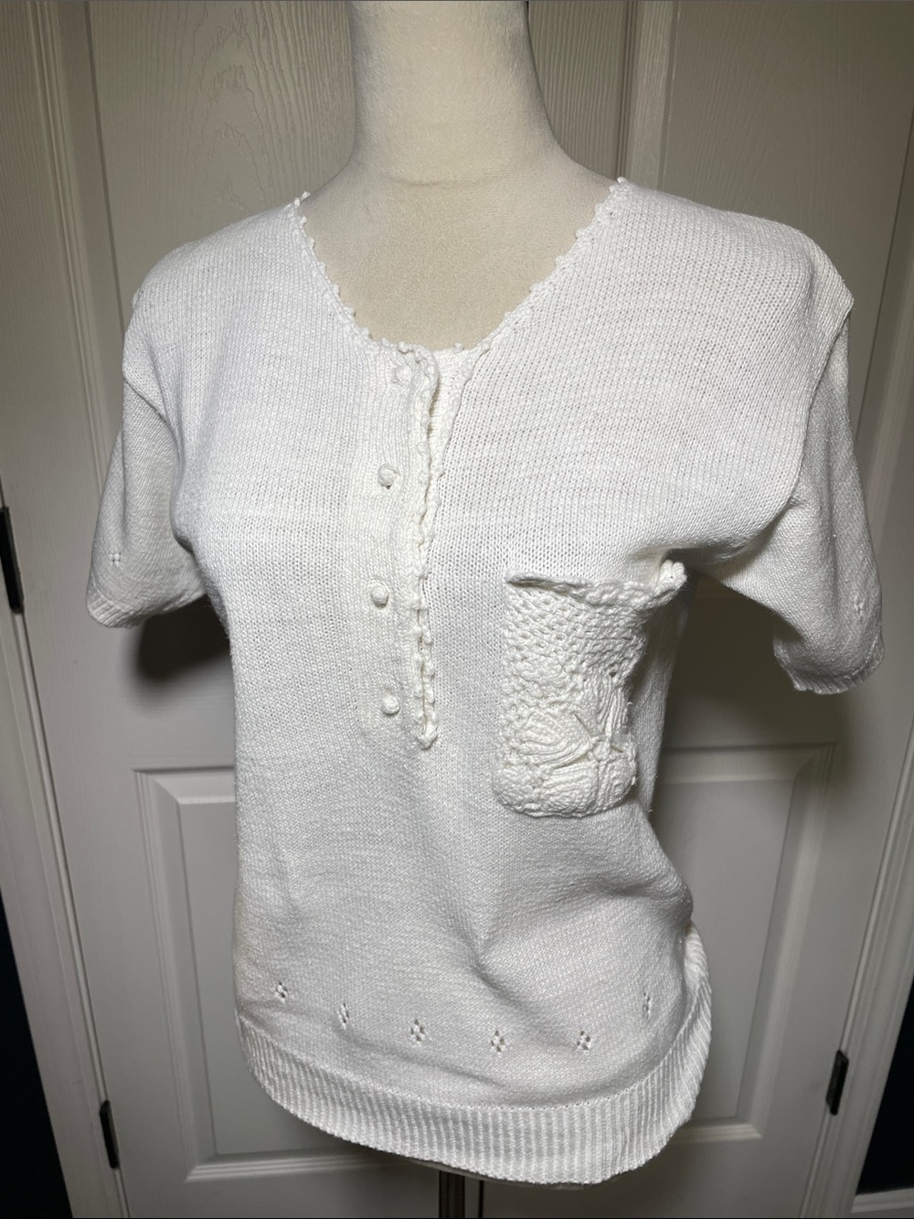 Vintage Cervelle White Henley Short Sleeve Knit Sweater Top Cottagecore S